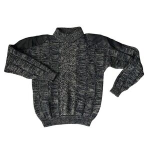 ICE Mens Cosby Style Blue Tan Knit Y2K 100% Wool Leather Accent Sweater M 80-90s